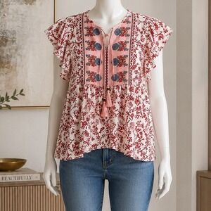 Vivilli Womens Blouse Floral Boho Tassel Tie Flutter Sleeve White Red Large